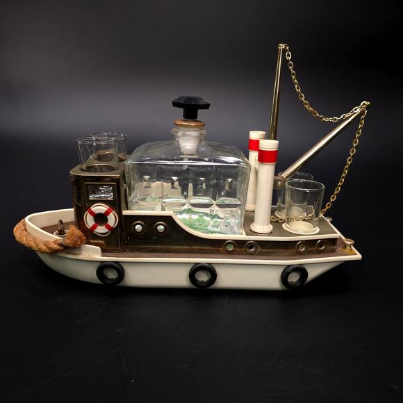 Vintage Music Box Tugboat Decanter w/ 4 Shot Glasses Maritime Home Decor - Picture 4 of 11